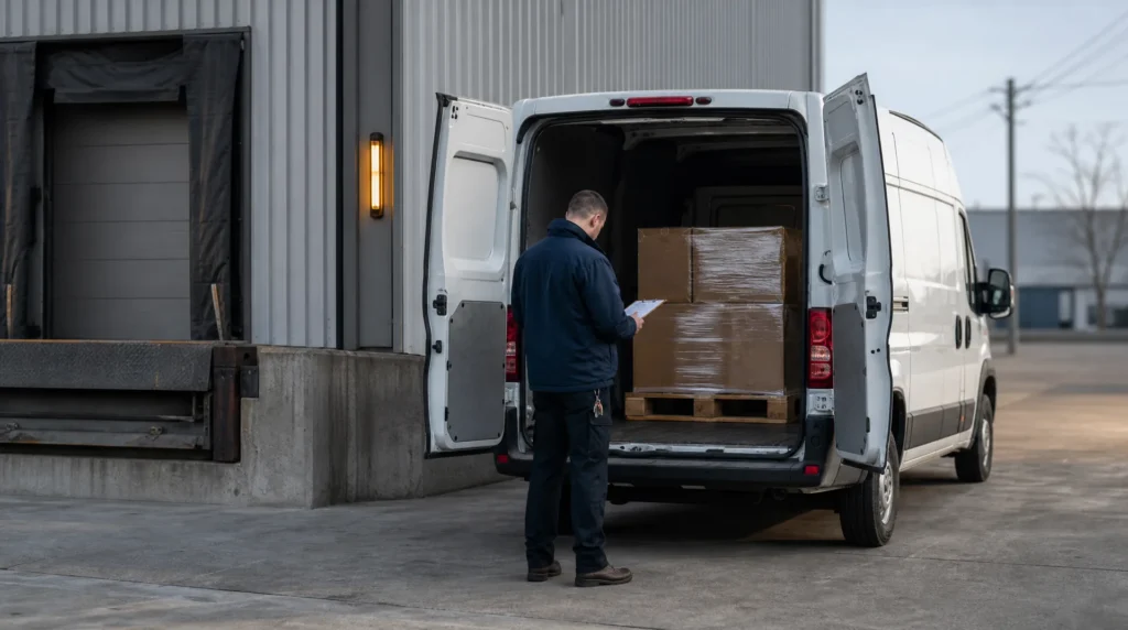 Owner-operator checking paperwork at the open rear doors of his white cargo van at a loading dock