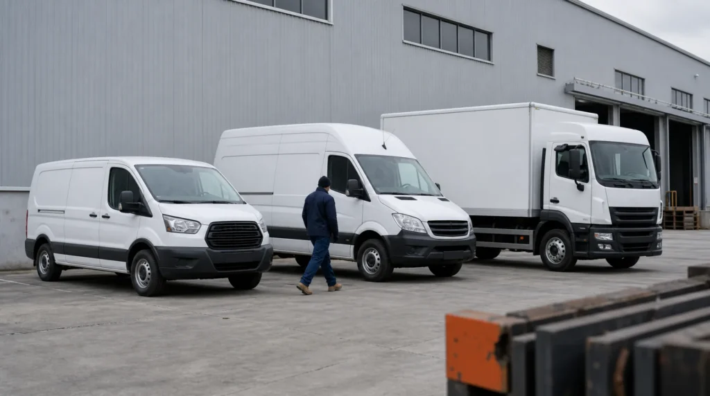 A cargo van, a high-roof sprinter and a straight box truck parked side by side in a yard, smallest to largest