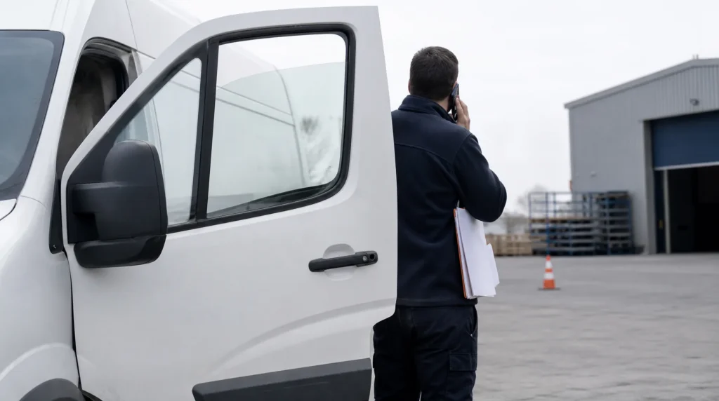 Owner-operator on the phone beside his sprinter van with a folder of registration documents under his arm