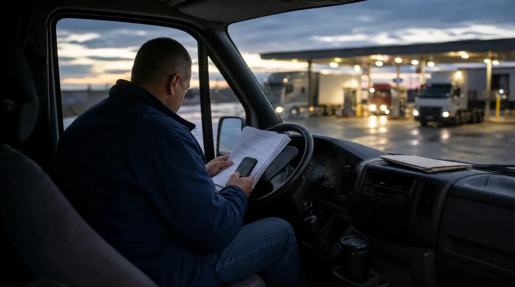 Owner-operator working through delivery paperwork in his van cab at a truck stop at dusk
