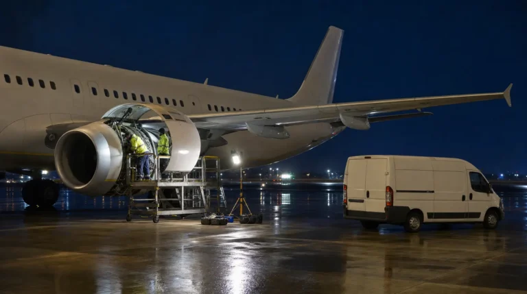 A commercial aircraft parked at a maintenance stand at night with an open engine cowling and technicians in hi-vis working under floodlights, a plain white cargo van waiting nearby on the wet apron
