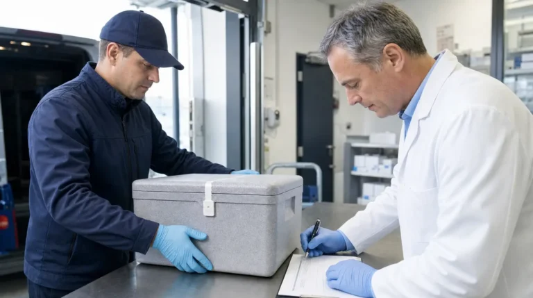 A courier in gloves handing a sealed insulated pharmaceutical shipping container with an intact numbered security seal to a receiving pharmacist in a white coat, both signing a paper handover form on a stainless steel table