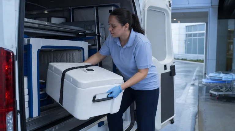 Courier lifting an insulated temperature-controlled container out of a cargo van at a hospital bay