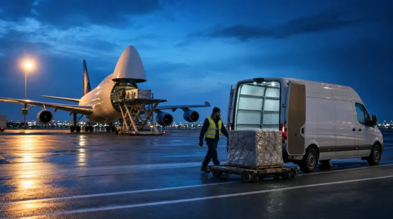 A freighter aircraft with its nose cargo door open on an airport apron at blue hour, with a white Sprinter cargo van and a palletized load in the foreground