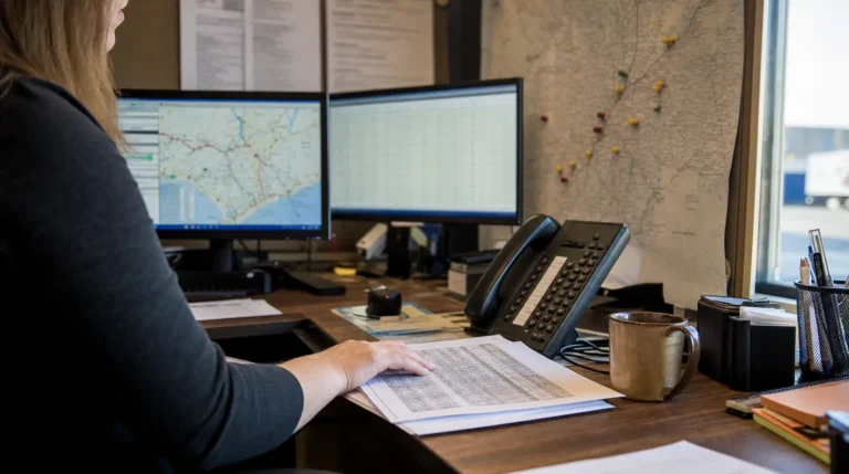 A dispatcher at a freight office desk with a route map and a spreadsheet on two monitors, reading a printed rate sheet beside a desk phone