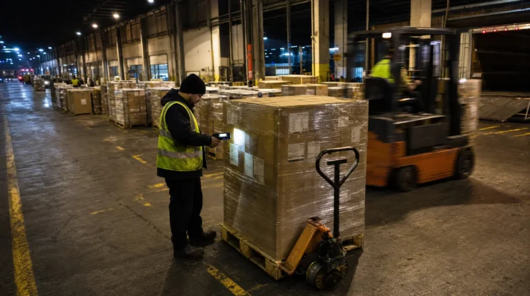 Dock worker in a high visibility vest scanning a pallet label on the night shift at an LTL terminal