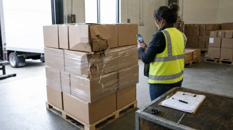 A warehouse receiving dock in daylight with a pallet of plain cardboard cartons showing a crushed corner and torn shrink wrap, a clerk in a hi-vis vest photographing the damage with a phone