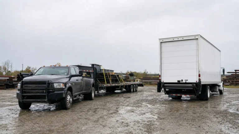 A dually pickup with an open gooseneck flatbed carrying strapped steel parked beside an enclosed white straight box truck in an industrial yard