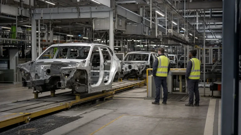 A stopped section of an automotive assembly line with idle conveyor and unfinished body shells parked in position, two workers in hi-vis vests waiting beside a station under overhead plant lighting
