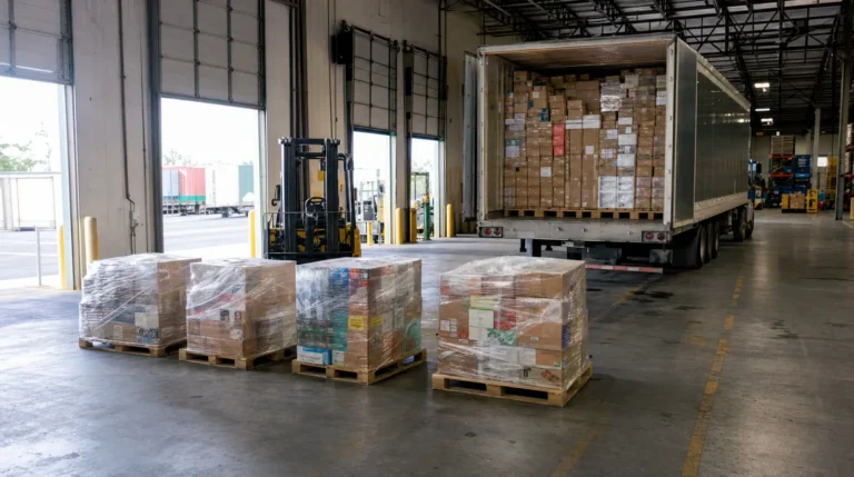 Four shrink-wrapped pallets staged on a cross-dock floor beside a fully loaded dry van trailer at the dock