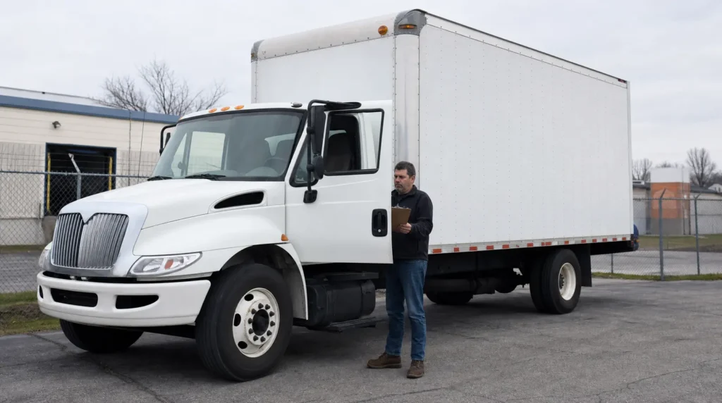 A plain white 26 foot straight box truck parked at a small commercial yard in early morning light, driver door open and a driver in work clothes standing beside it with a clipboard