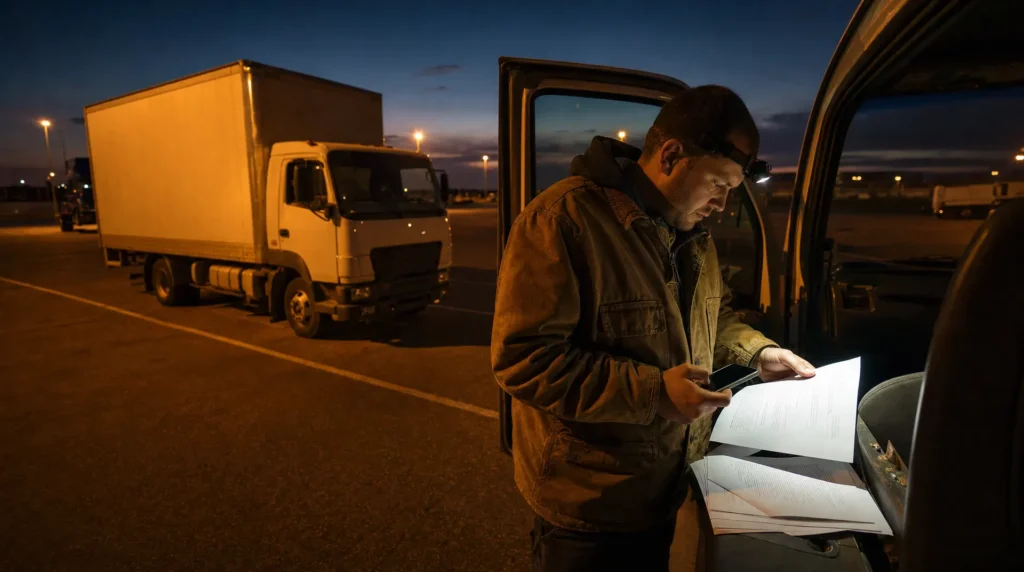 Box truck owner-operator reading a printed carrier agreement at the open door of his vehicle
