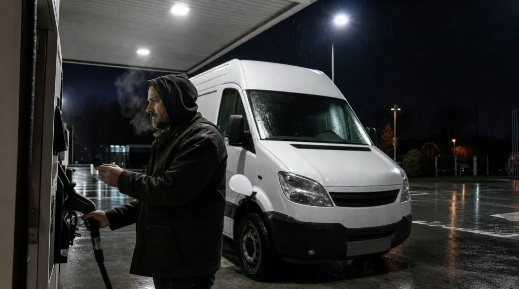 Sprinter van owner-operator paying at the pump keypad under a wet gas station canopy at night