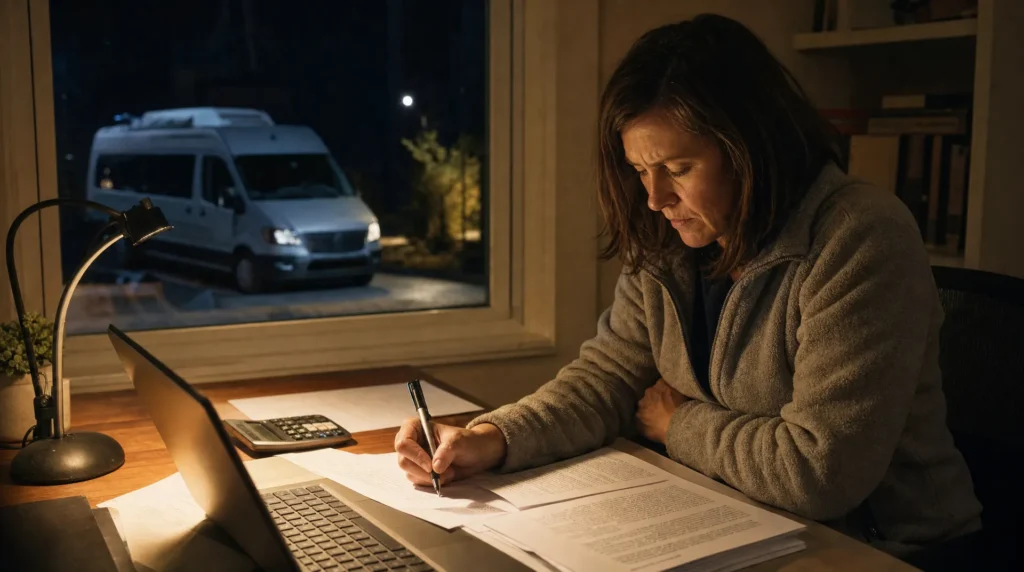 Sprinter van owner-operator at a desk with a calculator and printed insurance policy pages