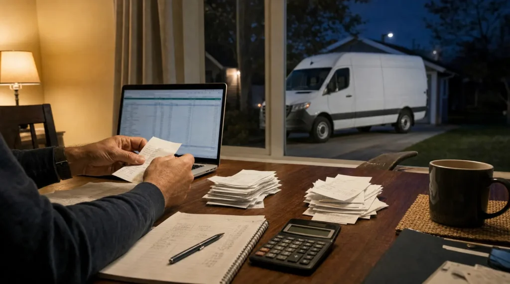 An owner-operator sorting fuel and maintenance receipts at a home table at night, laptop and calculator in front of him, his cargo van parked in the driveway outside