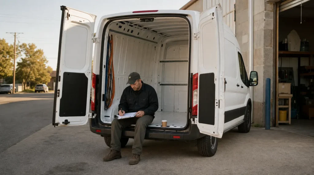 A plain white sprinter cargo van parked outside a small workshop in early morning light with the rear doors open showing an empty cargo bay and load straps, a driver sitting on the rear sill working through paperwork on a clipboard