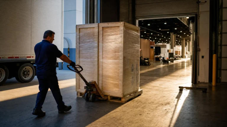 Warehouse worker moving crated exhibit freight on a pallet jack into a convention center hall