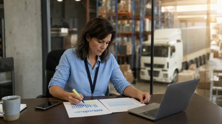 Logistics manager at a desk reviewing printed carrier paperwork with the warehouse floor visible behind