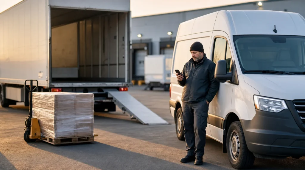 A white box truck with its cargo box open and a ramp down at a distribution dock at dawn, a stretch-wrapped pallet on a pallet jack beside it, and a driver next to a white high-roof cargo van checking a phone