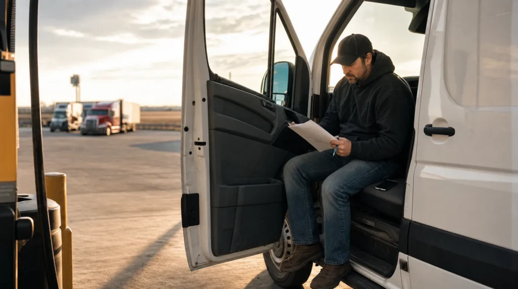 An owner-operator in a hoodie and cap sits in the open driver door of his white Sprinter-style van at a truck stop fuel island in late afternoon light, reading a paper contract with a pen in hand.