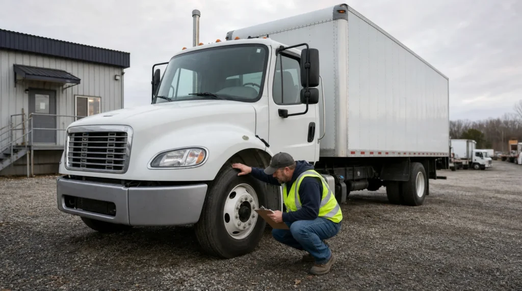 A driver in a high-visibility vest crouches by the front wheel of a white conventional box truck in a gravel fleet yard, checking the tire with a clipboard checklist in hand.