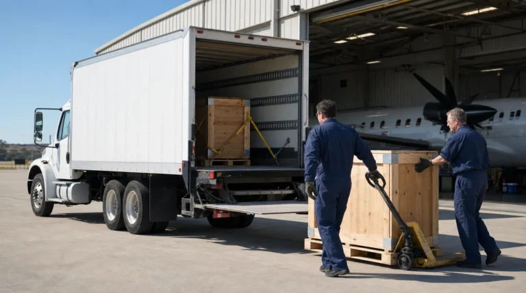 Two technicians in coveralls roll a wooden crate on a pallet jack toward the lift gate of a white box truck at an aircraft hangar, with another crate strapped inside the cargo box and a turboprop in the hangar behind.