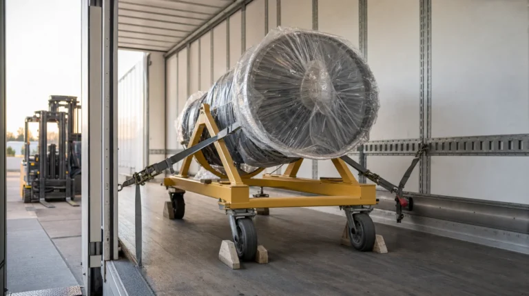 The open rear of a white expedited van at a loading dock with a shrink-wrapped turbine engine core on a yellow transport stand, its wheels chocked with wooden blocks and straps fixed to the logistics rail, a forklift in the background
