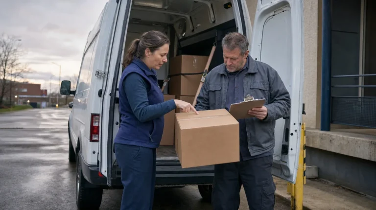 A shipper and a van driver at the open rear doors of a white cargo van at a loading dock at dawn, checking a plain sealed cardboard box against a paper form on a clipboard, with more plain boxes strapped inside.