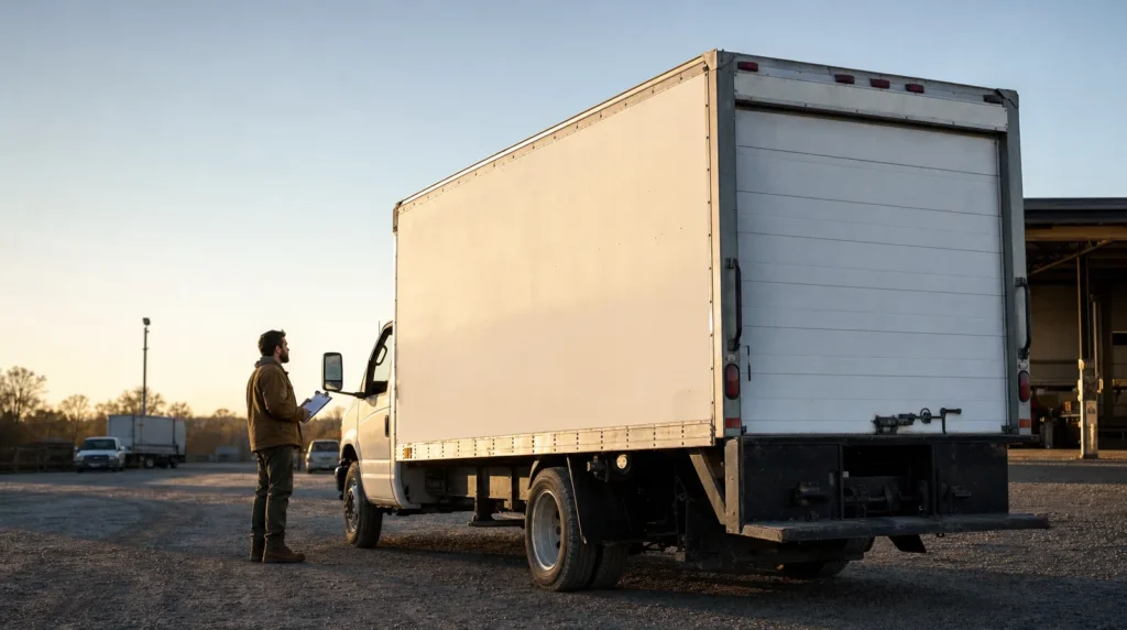 An owner-operator with a clipboard stands beside the cab of a plain white box truck in a gravel yard at sunrise.